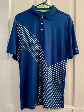 Ralph Lauren Chaps 78 Golf Polo Stay-Dry  Blue geometric design -Men’s Large